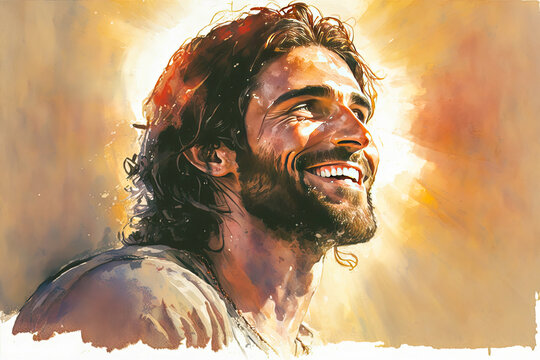 Realistic watercolor portrait of Jesus Christ smiling and illuminated by God. Christian and catholic religion painting artwork. Easter, Bible and Faith concepts. Glory and hope. Generative AI.