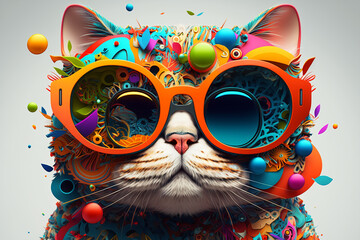 Cartoon colorful cat with sunglasses on white background. Created with  generative ai