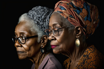 Two afro-american elderly women portrait on black background. Black mature ladies with headscarfs and glasses on black background, Generative AI illustration. - obrazy, fototapety, plakaty