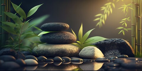 image of bamboo stones and leaves background for wellness spa treatments, generative ai