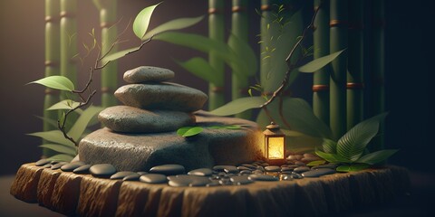 image of bamboo stones and leaves background for wellness spa treatments, generative ai