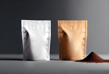 Craft paper pouch bag front and back view isolated on dark background. Packaging template mockup collection. AI Generated