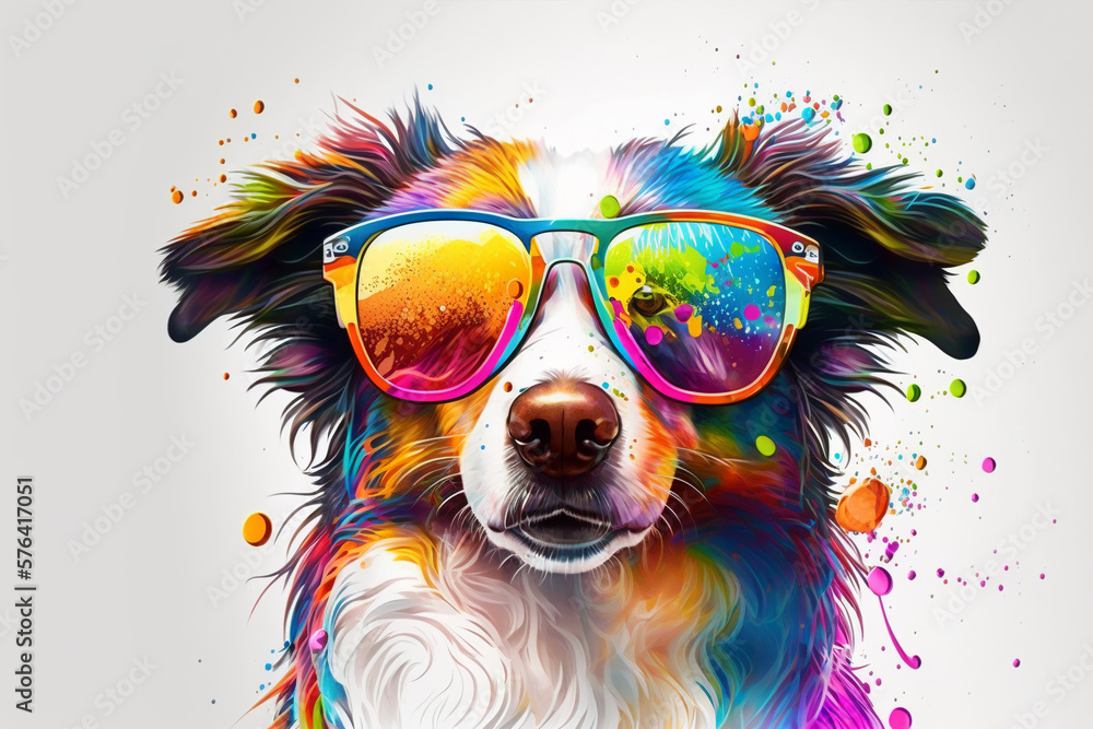Wall mural cartoon colorful dog with sunglasses on white background. created with generative ai