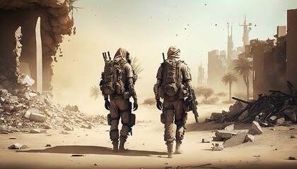 Soldiers with guns in the desert. Generative AI