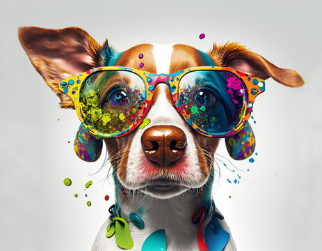 Cartoon colorful dog with sunglasses on white background. Created with  generative ai