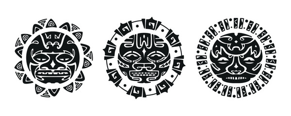 Maori Tattoo Ornament. Sun Angry Face. Ethnic Mask Vector Set - obrazy, fototapety, plakaty