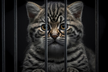 Portrait of tiger behind bars in lattice cage. Concept Unlawful smuggling of exotic animals, illegal zoo. Generation AI