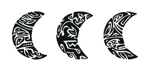 Maori Tattoo Ornament. Moon Angry Face. Ethnic Mask Vector Set - obrazy, fototapety, plakaty