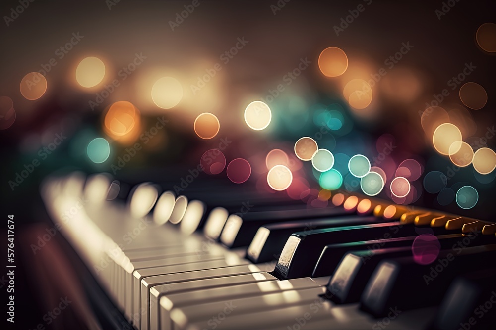 Poster the keys of a piano, with a lovely bokeh effect in the backdrop. generative ai