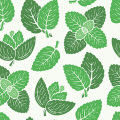 Peppermint Green Leaves Seamless Pattern. Floral Background with Fresh Mint Leaf. Medicinal Plants and Spicy Herbs. Vector illustration