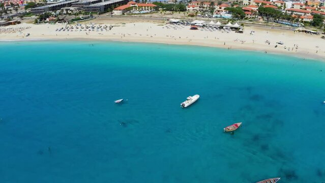 Aerial view of Santa Maria, Sal Island, Cape Verde (Cabo Verde). Drone footage.