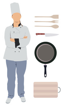 Female chef standing with kitchen tools.