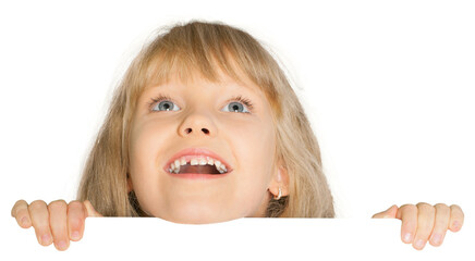 Close up portrait of a beautiful young girl leaning on a white background