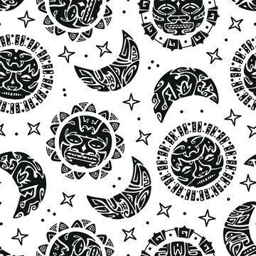 Angry Sun and Moon Faces. Maori Tattoo Ornament Seamless Pattern. Ethnic Mask. Black and White Vector illustration