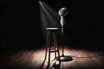 Poster background for stand up comedy stage microphone with reflectors ray. Concept open mic for monologue. Generation AI