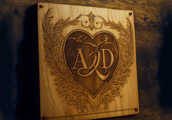 An elegant wooden heart decorated with the initials A and D. Ideal for wedding or Valentine's Day design, the initials symbolizing the first names of a couple. Generative AI