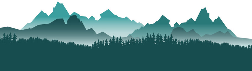 Silhouette of mountains forest woods in the morning, landscape panorama illustration icon vector for logo, isolated on white background