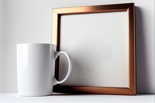 Mockup photo frame with ceramic cup on table. White background with copy space, AI Generated