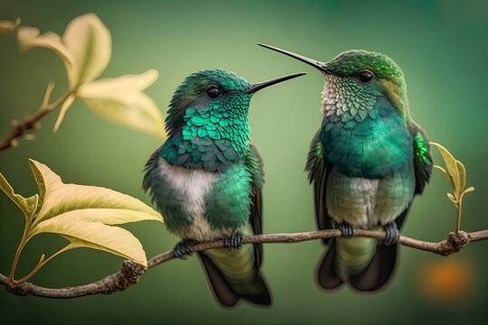 Little green bee hummingbirds perched on a slender branch with some leaves in the backdrop Generative AI