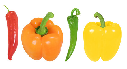 Collection of peppers on an isolated white background. Chili peppers red and green, orange and yellow peppers