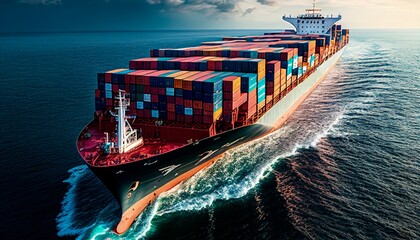 Container ship or cargo shipping business logistic import and export freight transportation by container ship in the open sea, freight ship boat. Generative AI	 - obrazy, fototapety, plakaty