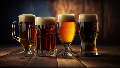 Four glasses of light and dark beer on wooden background, Wood table. Generative AI.