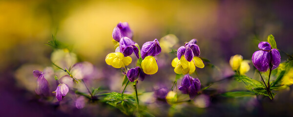 Floral panoramic image of small yellow and purple flowers. Playful, dynamic background ideal for graphic banners connected to flowery settings and seasonal blooms. Generative AI