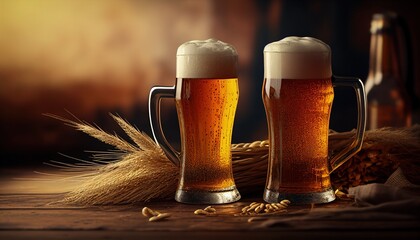 two glasses of beer and ears of wheat are on the counter. Generative AI.