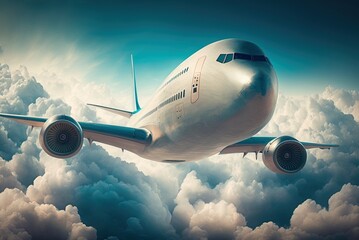 Above the clouds, looking straight ahead from a passenger airliner at flight level Generative AI