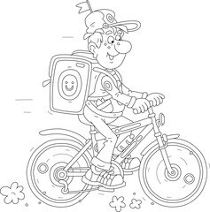 Funny boy courier riding a bike with a large backpack and delivering ordered goods to waiting customers, black and white outline vector cartoon illustration for a coloring book