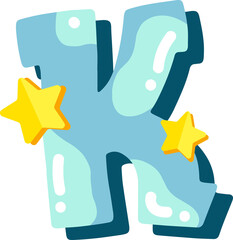 Candy glossy font design. Pastel blue and paper yelow star decor letters ABC. Sweets for girls. Letter K
