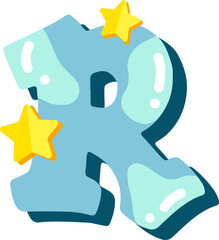 Candy glossy font design. Pastel blue and paper yelow star decor letters ABC. Sweets for girls. Letter R