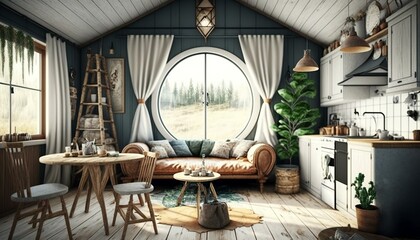The stylish boho composition at living room interior with panoramic window, AI generated