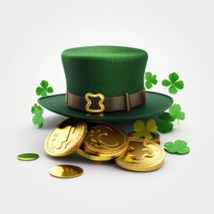 St Patrick's Day hat with gold coins and shamrocks. Generative AI