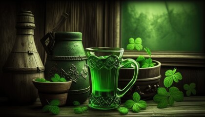 Beer pitcher, glass cup with green beer, 4-leaf clover in celebration of St. Patrick's Day. Generative AI