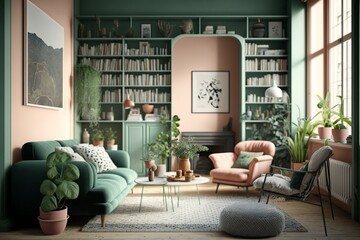 Cozy bohemian and Scandinavian living room interior with pastel colors and plants 