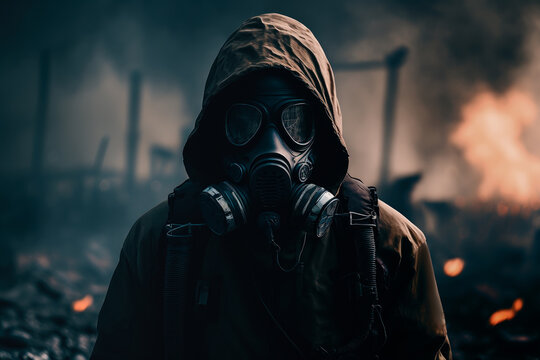 Young Apocalypse Survivalist In Gas Mask Close Up Portrait On Ruined City Background, Generative AI. Pollution, Apocalypse, Pandemic Background For Banner Or Postcard.