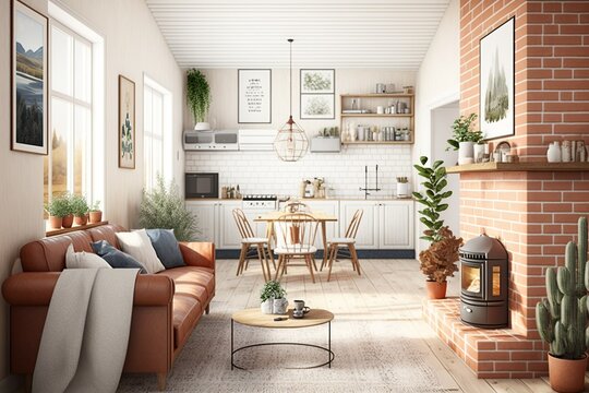 Cozy bohemian and scandinavian living room interior with brick fireplace and white bright space 