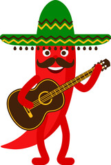 Chili pepper with guitar in sombrero