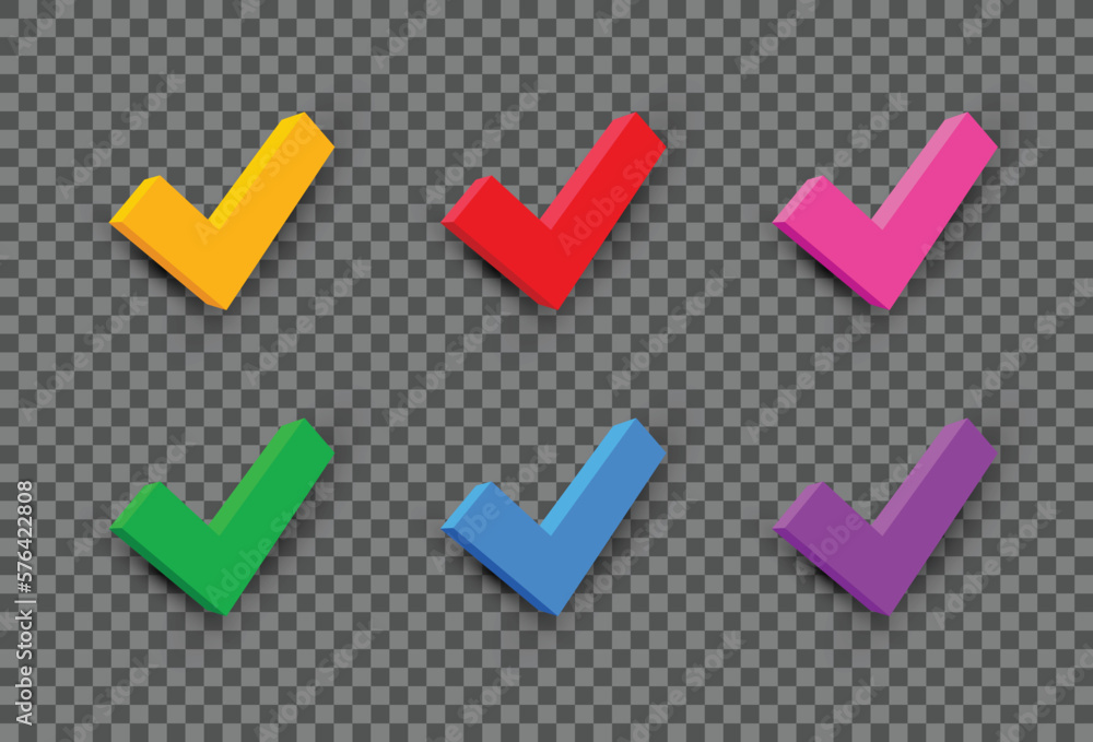 Poster colorful set of checked sign in 3d style. accept or approved icon design. user interface. vector ill