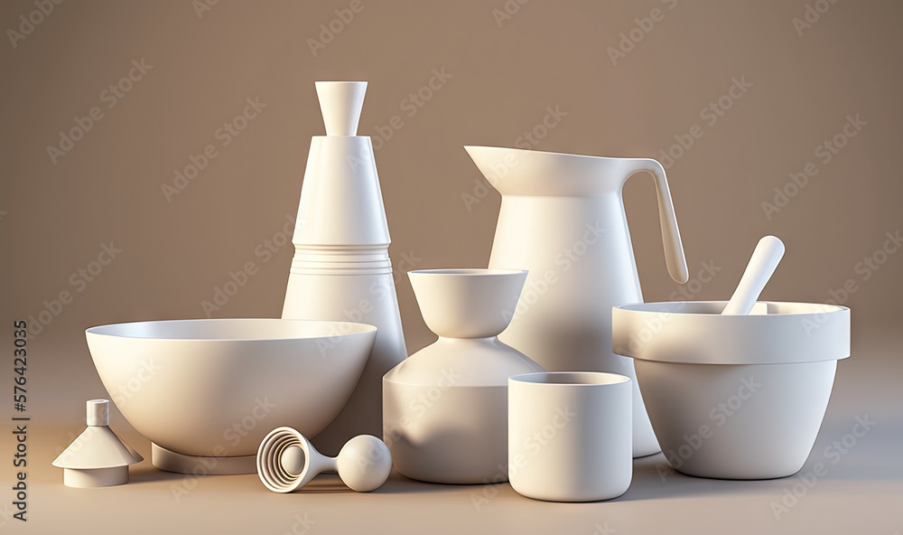 Poster a group of white objects sitting on top of a table. generative ai