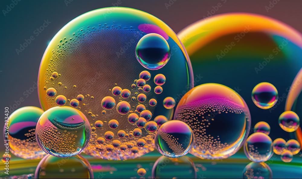 Poster a group of soap bubbles sitting on top of a table. generative ai