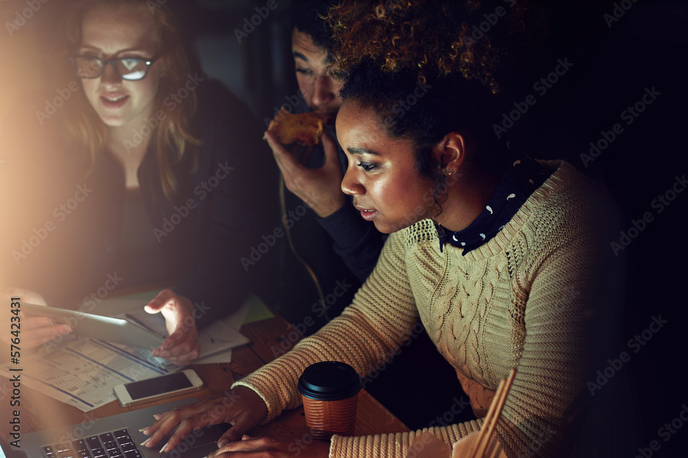 Aufkleber Laptop, diversity collaboration or night people programming ERP software, cyber security system or code. Information technology, ai developer or programmer teamwork on coding cloud computing database