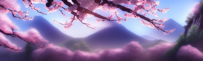 Fototapeta na wymiar spring background in cartoon style. Pink and purple sakura, cherry, magnolia in bloom. Asian horizontal landscape with lake, hills, trees and flowers. Banner with copy space.