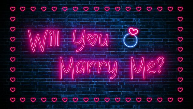 4k loop video, will you marry me neon lights text and hearts on brick wall background, shiny and glowing love hearts ,wedding and proposal