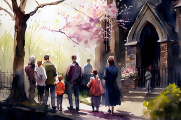 Fototapeta na wymiar Wholesome Easter Holiday family scene watercolor illustration. People visiting Church during the spring season. AI Generative Art.