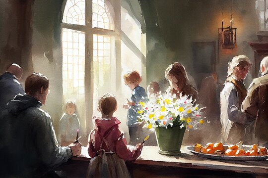 Wholesome Easter Holiday family scene watercolor illustration. People visiting Church during the spring season. AI Generative Art.