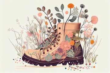 Fashionable Pastel Vintage Concept Of WomenS Footwear, Deep Autumn Boots Full Of Fresh, Meadow, Spring Flowers. Illustration. Generative AI