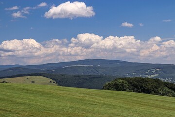 Fototapeta na wymiar A view to the landscape with meadows and forests at White Carpathians, Slovakia