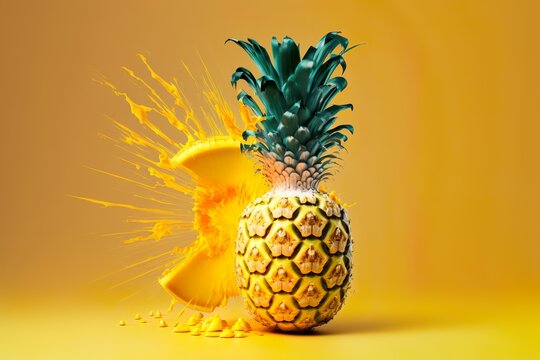 Pineapple Explosion: A Bold and Minimal Tropical Concept on Bright Yellow Background. Generative AI.